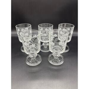 Italian Floral Pedestal Etched Crystal Set of 5 Wine Sherry Juice Glasses 4.5"